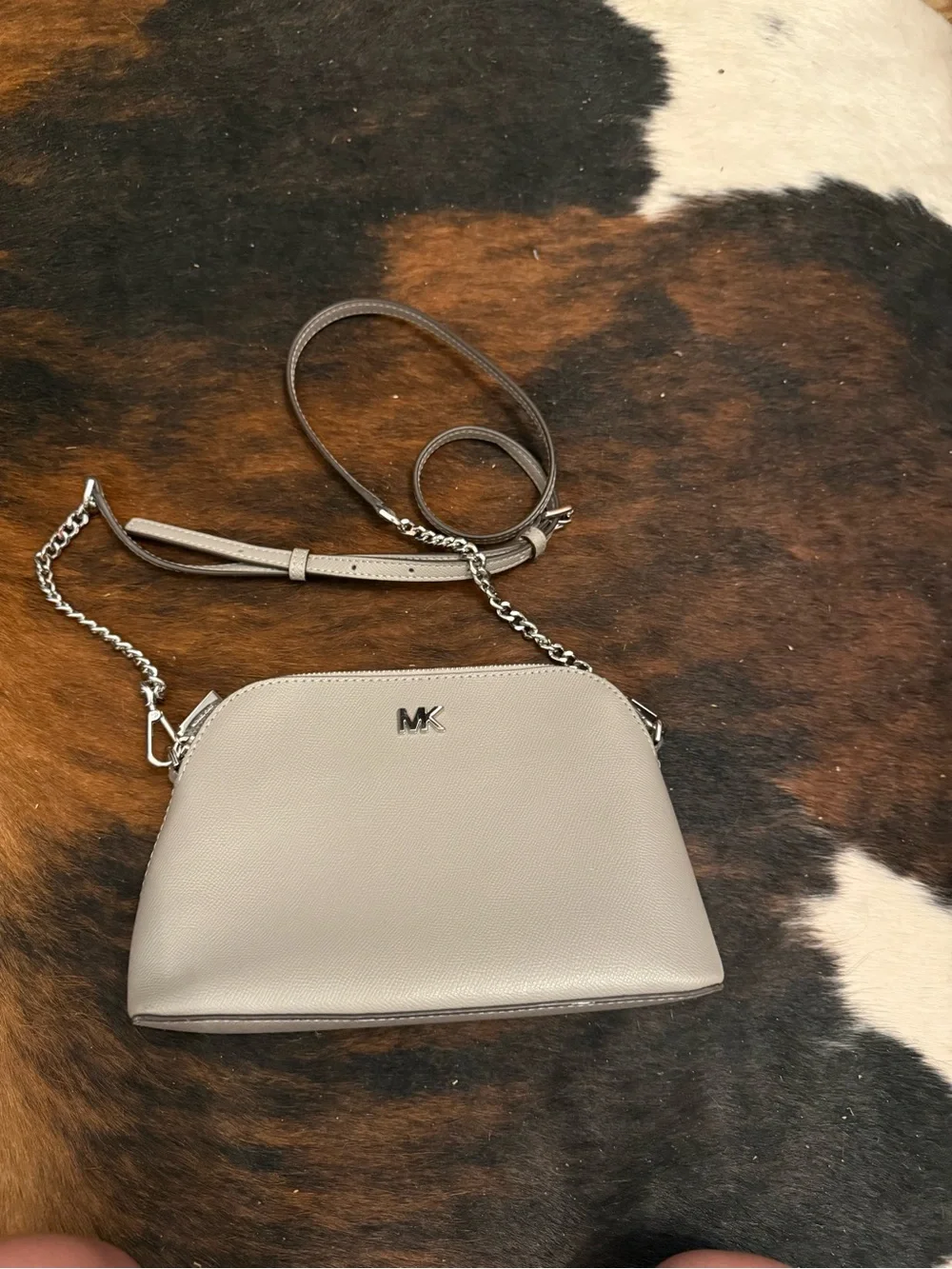 Michael Kors Taupe Pebbled Leather Dome Crossbody with Chain Strap